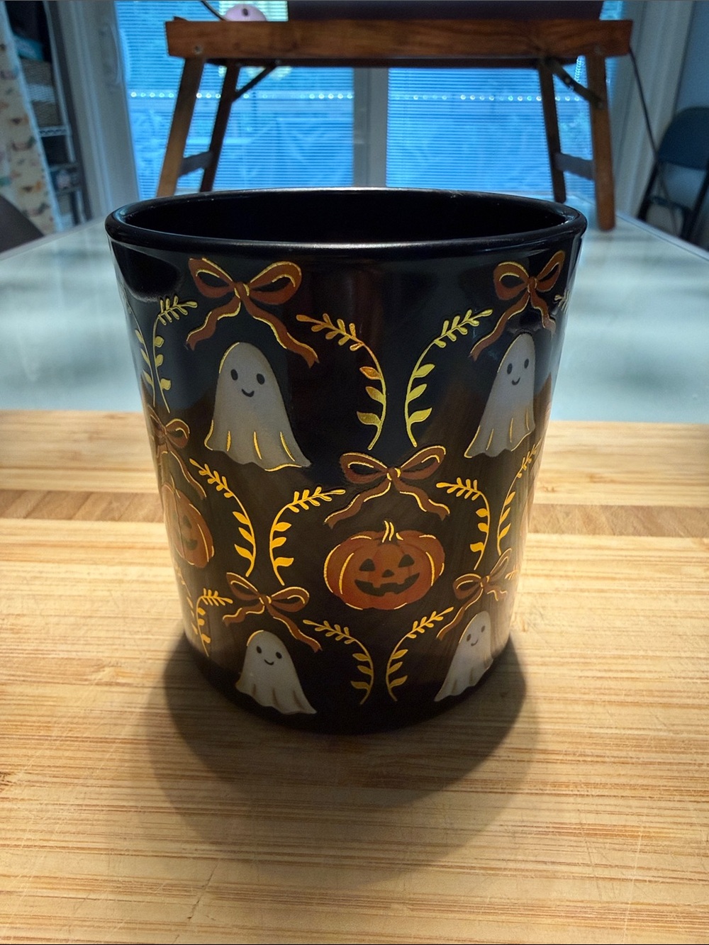 AWESOME Black Ceramic Halloween candle w/Ghost & Pumpkin Motif wrapped in gold!!